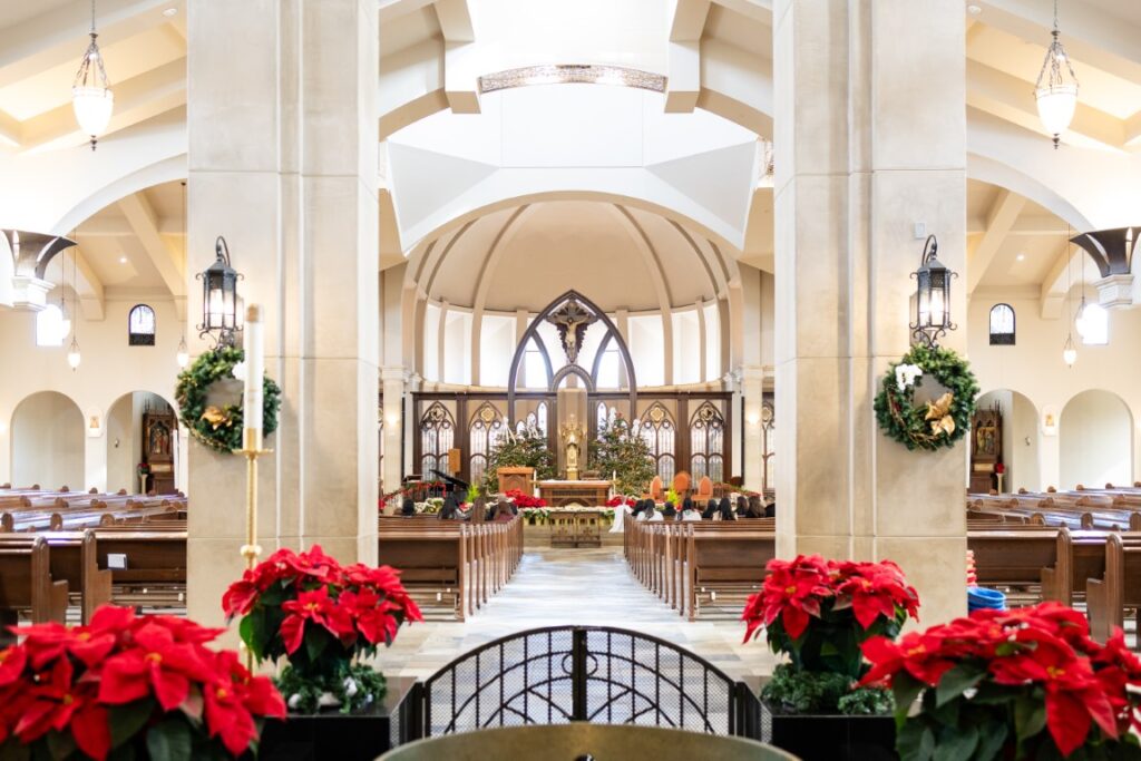 St. Stanislaus Church altar with crucifix and tabernacle in view.